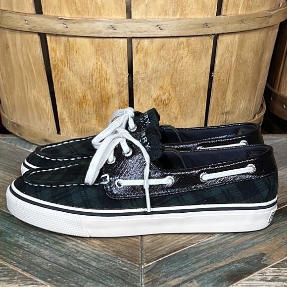 Sperry Biscayne Navy Green Plaid Patent Leather Boat Shoe Sneaker Women Size 5.5 - Picture 2 of 11